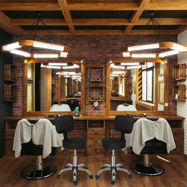 半PU皮 尼龙轮 300lbs 黑色 技师凳 带靠背圆凳电镀五星脚 N001-35