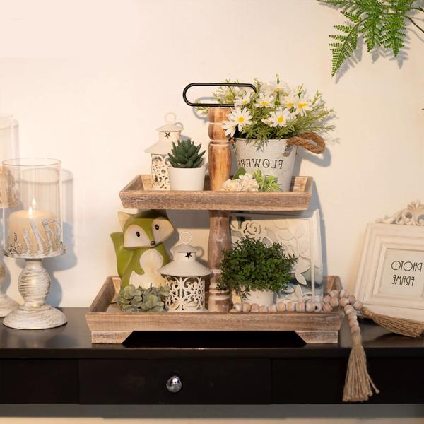 复古木质多层点心架水果盘干果蛋糕多层家用托盘甜品台展示架 Y506-2 长方形 果盘 轻烤色(一层长40.5*28 二层长29*22 高45CM)-6