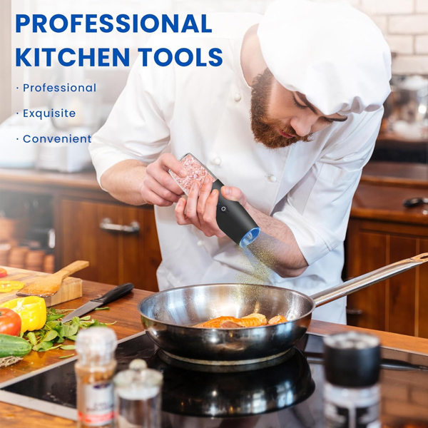 2台可充电的电动盐和胡椒研磨机，带有可调节粗糙度和LED灯的重力式电动盐胡椒研磨机，自动摇椒器,厨房单手操作香料研磨机,黑色2个（亚马逊物流禁止沃尔玛平台）-3