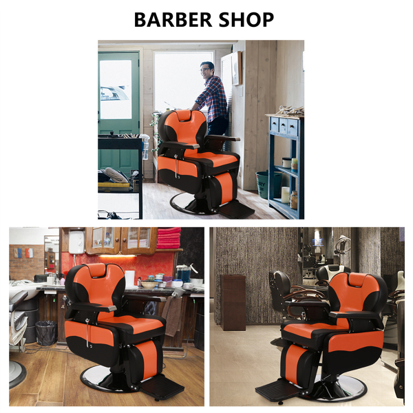 PVC皮套 木制扶手壳 铁搁脚 圆盘带搁脚 可放倒 理发椅 150kg 橙色-16