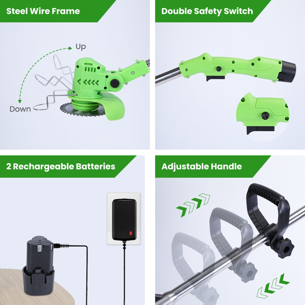 （物流随机发，自提可发加拿大）-无绳割草机，200W 1200mAh电池，3种刀片类型，长度和角度可调，适用于庭院/花园的轻型除草机 带充电电池 护目镜 手套-4