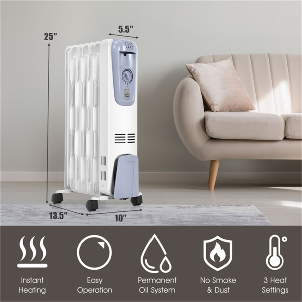 带恒温器的便携式油加热器-10“x13.5”x25“尺寸，4个轮子和绳索存储，3个加热级别-5