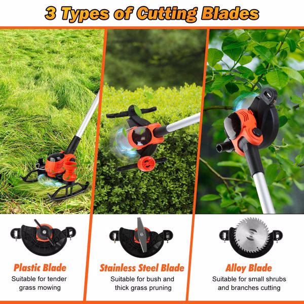 （物流随机发，自提可发加拿大）-无线轮式草坪修剪机 - 800W纯铜电机（15000转/分钟），2块21V 3000mAh电池，3种刀片（塑料/锯齿/不锈钢）及高度可调轮子-8