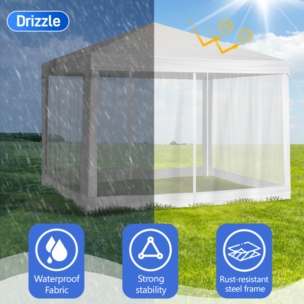 10X10ft 白色 4面(2门2围) 纱网 仿折叠棚 顶布纱网围布连体 白色PE顶布  白色喷塑铁管 白色网纱 LT-4