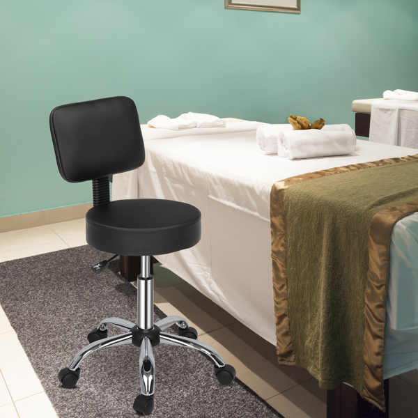 半PU皮 尼龙轮 300lbs 黑色 技师凳 带靠背圆凳电镀五星脚 N001-33