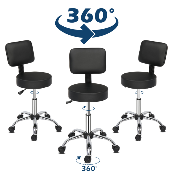 半PU皮 尼龙轮 300lbs 黑色 技师凳 带靠背圆凳电镀五星脚 N001-22
