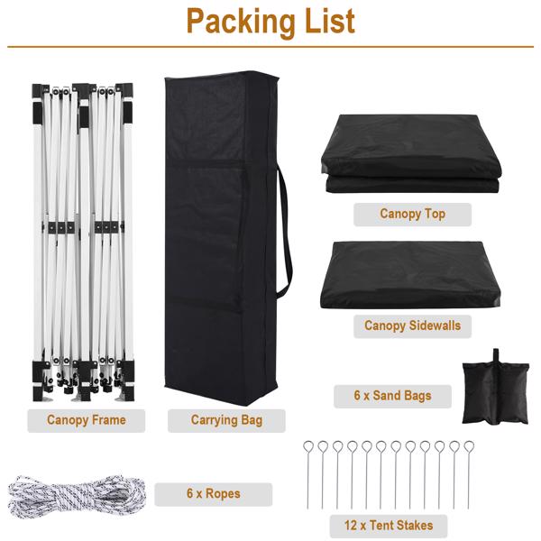 10x20FT 黑色 6片面 折叠棚 牛津布 喷塑铁管 带便携包袋和沙袋-3