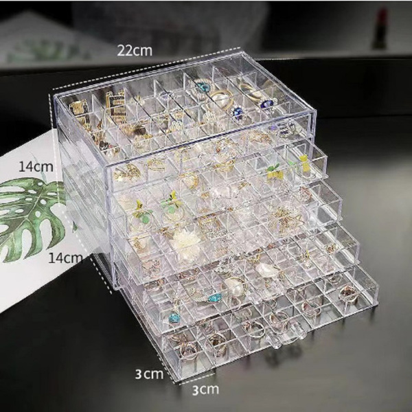 桌面整理盒透明收纳盒抽屉式大容量珍珠耳环戒子项链美甲钻饰品 5层透明120格（透明）-3