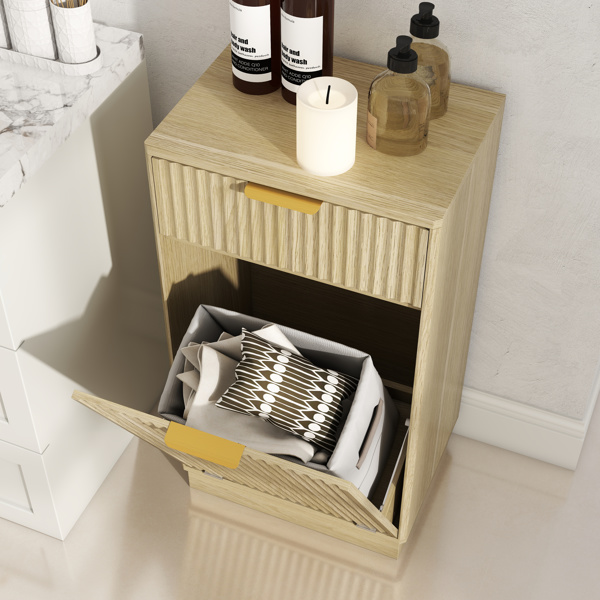 10加仑木纹倾斜式垃圾桶柜，带波浪纹理抽屉和拉出式垃圾桶 - 橡木饰面多功能厨房/浴室收纳柜-13