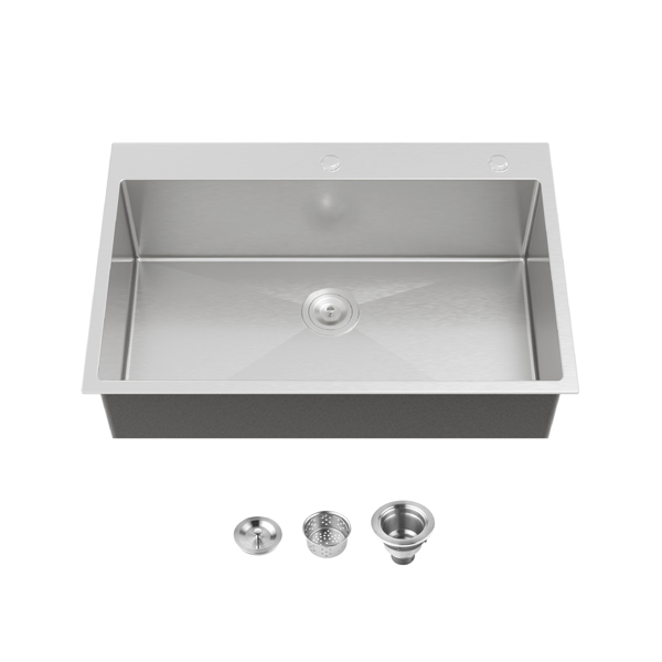 厨房水槽，33英寸x22英寸单盆，拉丝镍材质手工包覆式水槽，配备美式标准排水管和挂钩【周末不发货，TK/TEMU订单仅支持自提】-1