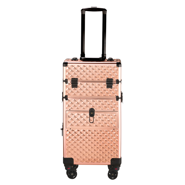 2合一带滑轨前抽 平面左抽可拆卸万向轮 铝制 钻石纹 香槟金 化妆箱 34*24*72.5cm-3