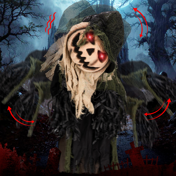 5.7ft  歪头南瓜人 眼睛红灯  歪头 鬼叫声 声控  电池款不含电池 万圣站立装饰-16