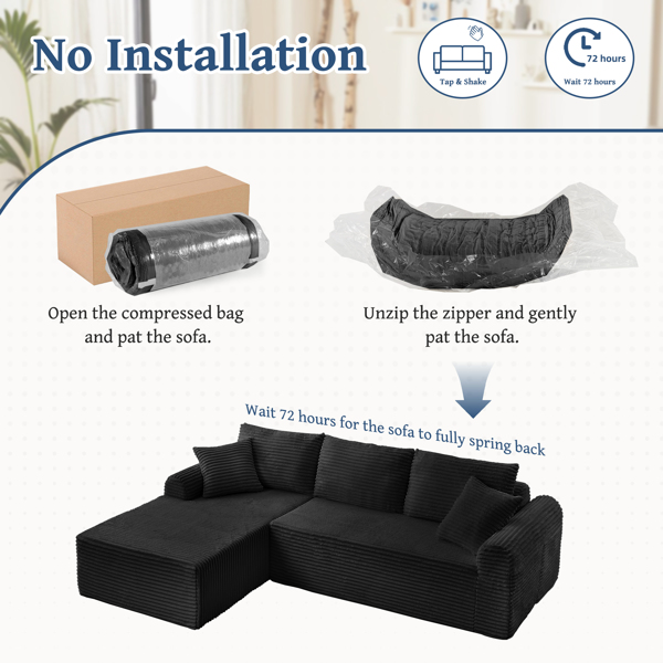 全压缩躺椅套装 - 模块化灯芯绒组合沙发，带拱形扶手、防滑底座，包含 3 个靠背垫和 2 个抱枕，右侧躺椅沙发-8