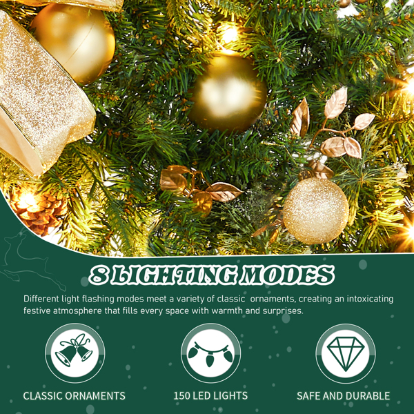 48in 浅绿色 花环 带蝴蝶结 松果  金色系配饰 450枝头 150LED暖白8模式 带遥控   PE+PVC 圣诞PVC花环 30V 3.6W 美规-2