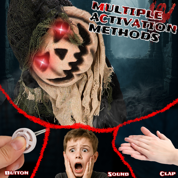 5.7ft  歪头南瓜人 眼睛红灯  歪头 鬼叫声 声控  电池款不含电池 万圣站立装饰-9
