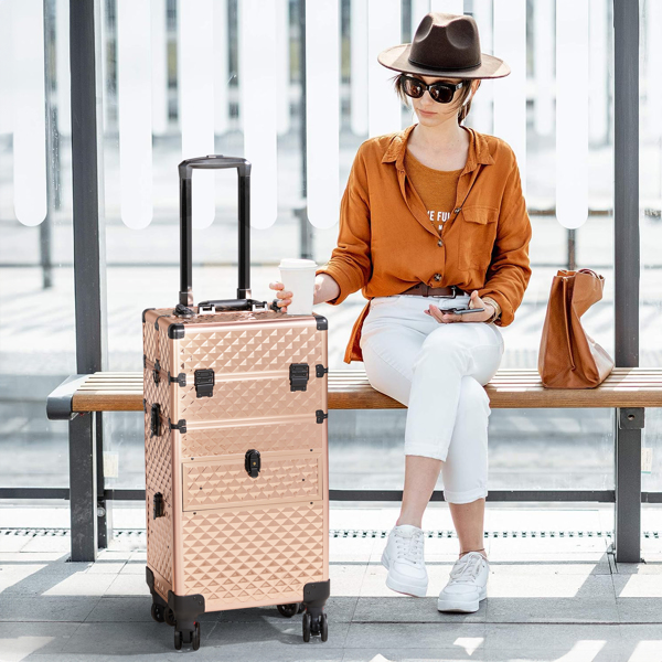 2合一带滑轨前抽 平面左抽可拆卸万向轮 铝制 钻石纹 香槟金 化妆箱 34*24*72.5cm-5