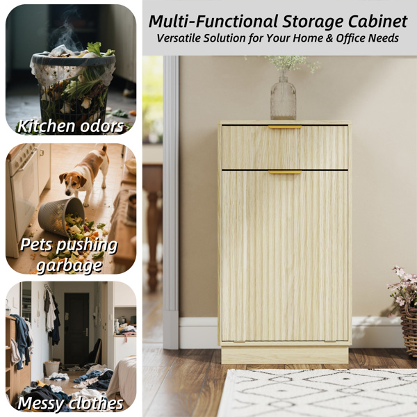 10加仑木纹倾斜式垃圾桶柜，带波浪纹理抽屉和拉出式垃圾桶 - 橡木饰面多功能厨房/浴室收纳柜-7