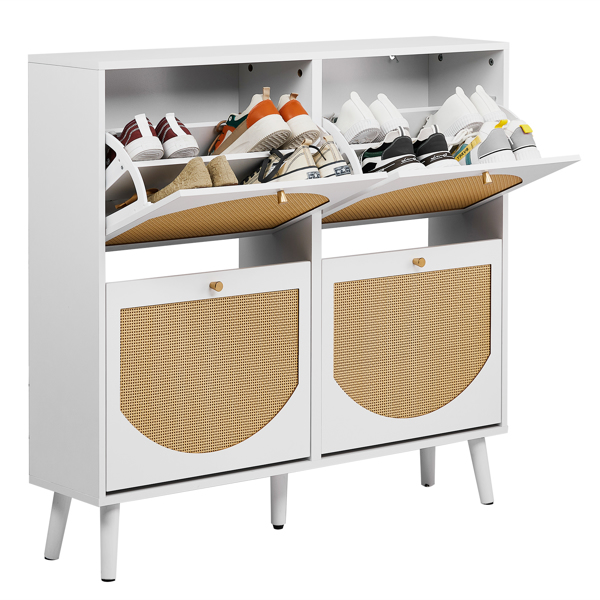 2排4个翻斗带高脚拱形藤面 鞋柜 刨花板+塑料藤 105*24*98cm 白色框架+原木色藤面+白色高脚 鞋柜-3