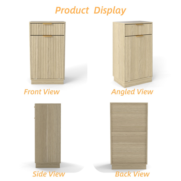 10加仑木纹倾斜式垃圾桶柜，带波浪纹理抽屉和拉出式垃圾桶 - 橡木饰面多功能厨房/浴室收纳柜-2