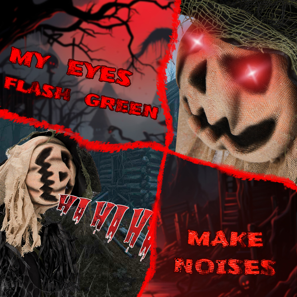 5.7ft  歪头南瓜人 眼睛红灯  歪头 鬼叫声 声控  电池款不含电池 万圣站立装饰-7