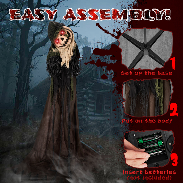 5.7ft  歪头南瓜人 眼睛红灯  歪头 鬼叫声 声控  电池款不含电池 万圣站立装饰-6
