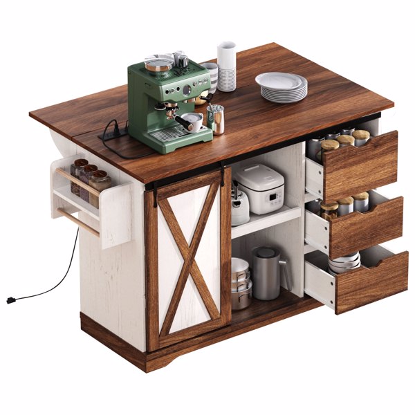 K&K 55.5 英寸农舍厨房岛，带折叠板，厨房储物岛，带谷仓门，电源插座，带香料架的带轮厨房推车，适用于家庭、厨房、餐厅，白色-1