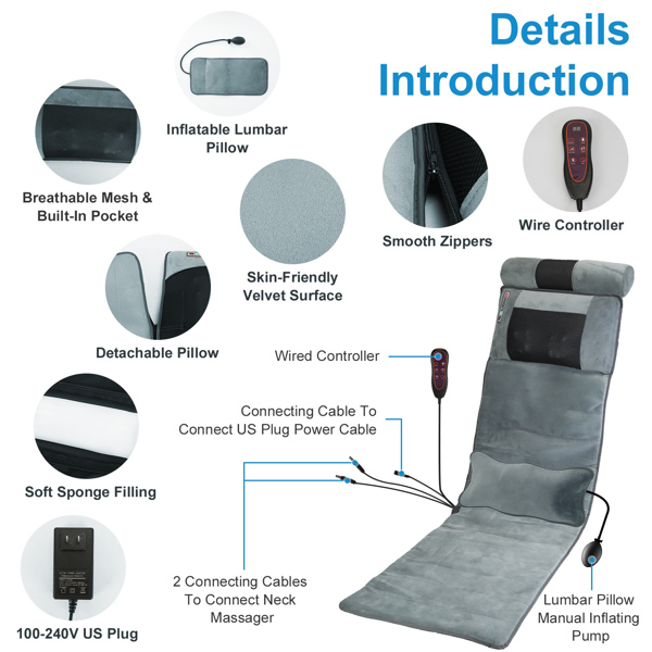 （物流随机发，自提可发加拿大）-振动按摩垫（全身）+颈部揉捏按摩器 - 20个按摩节点，3种按摩模式/速度，9档振动设置，3档腰部热敷，可充气腰枕 - 家庭完美礼物-10