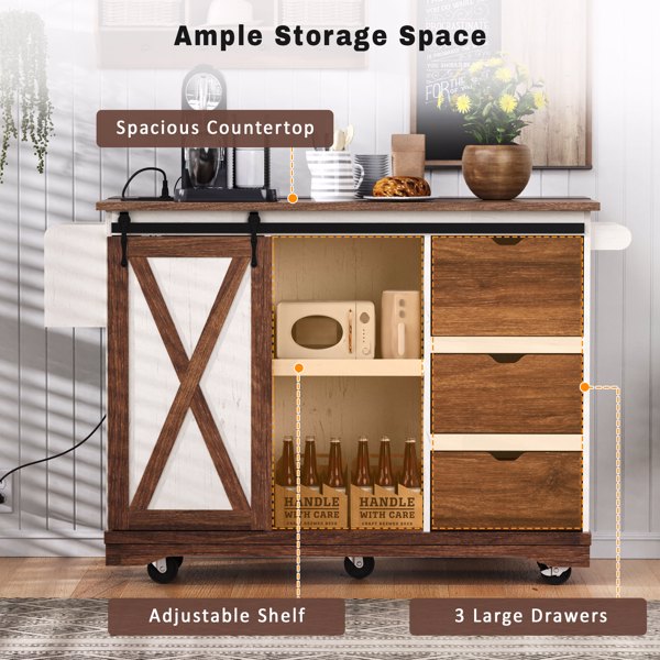 K&K 55.5 英寸农舍厨房岛，带折叠板，厨房储物岛，带谷仓门，电源插座，带香料架的带轮厨房推车，适用于家庭、厨房、餐厅，白色-21