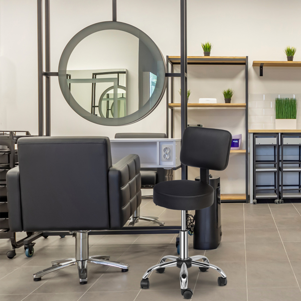 半PU皮 尼龙轮 300lbs 黑色 技师凳 带靠背圆凳电镀五星脚 N001-34