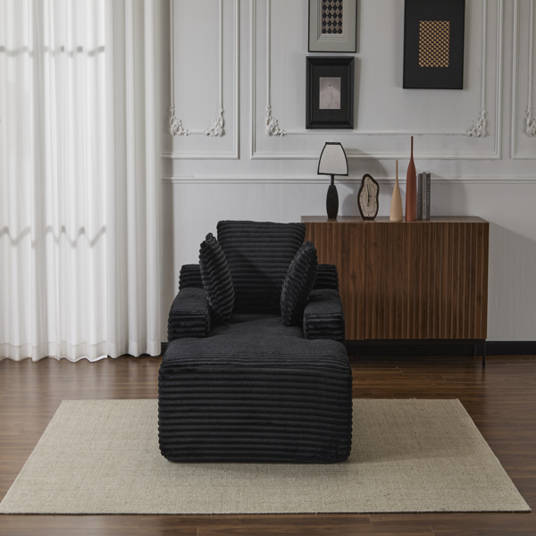 超大躺椅舒适云沙发，现代毛绒灯芯绒软垫沙发床，带 3 个抱枕和宽扶手，适用于客厅，无需组装，黑色-25