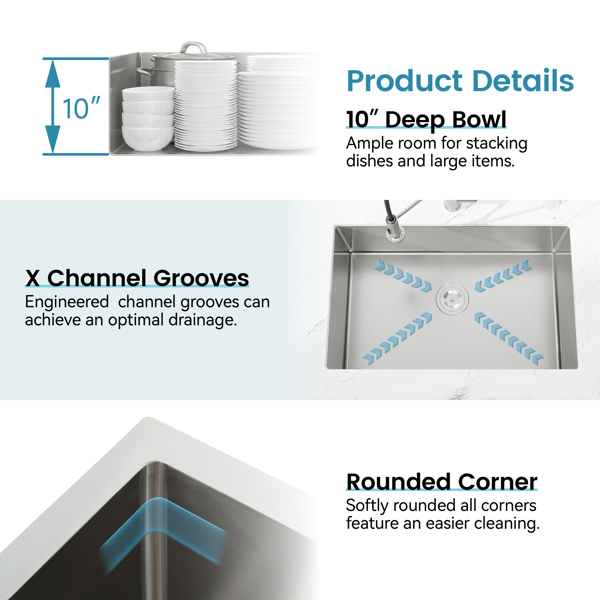 厨房水槽，33英寸x19英寸嵌入式单盆，拉丝镍材质台下手工水槽，配备美式标准排水管和挂钩【周末不发货，TK/TEMU订单仅支持自提】-7