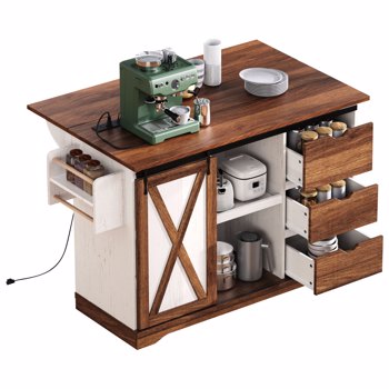 K&K 55.5 英寸农舍厨房岛，带折叠板，厨房储物岛，带谷仓门，电源插座，带香料架的带轮厨房推车，适用于家庭、厨房、餐厅，白色