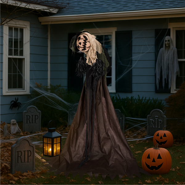 5.7ft  歪头南瓜人 眼睛红灯  歪头 鬼叫声 声控  电池款不含电池 万圣站立装饰-13