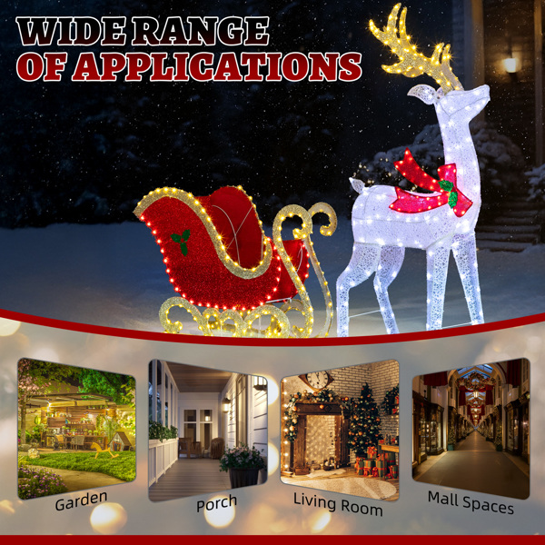 5FT  白加红  鹿拉车  448L皮线灯 白灯加暖白灯   蒙布 圣诞灯饰麋鹿 12V 8.4W-6