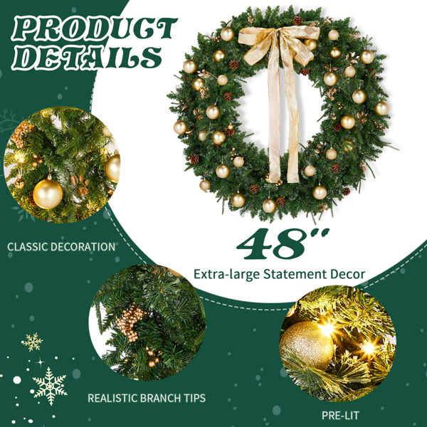 48in 浅绿色 花环 带蝴蝶结 松果  金色系配饰 450枝头 150LED暖白8模式 带遥控   PE+PVC 圣诞PVC花环 30V 3.6W 美规-3