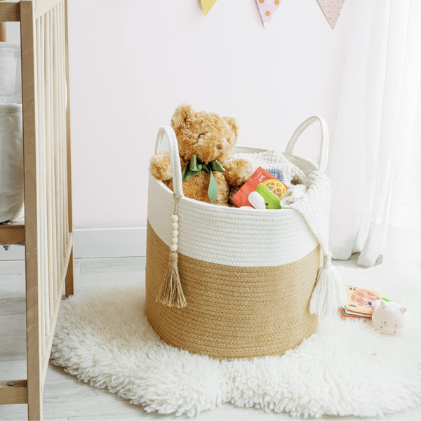 家居棉绳编织收纳筐脏衣篮收纳脏衣篓篮子草编杂物筐储物客厅卧室 白拼黄色麻绳内衬款+纯圆珠子挂件 40*35-3