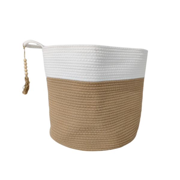 家居棉绳编织收纳筐脏衣篮收纳脏衣篓篮子草编杂物筐储物客厅卧室 白拼黄色麻绳内衬款+纯圆珠子挂件 40*35-5