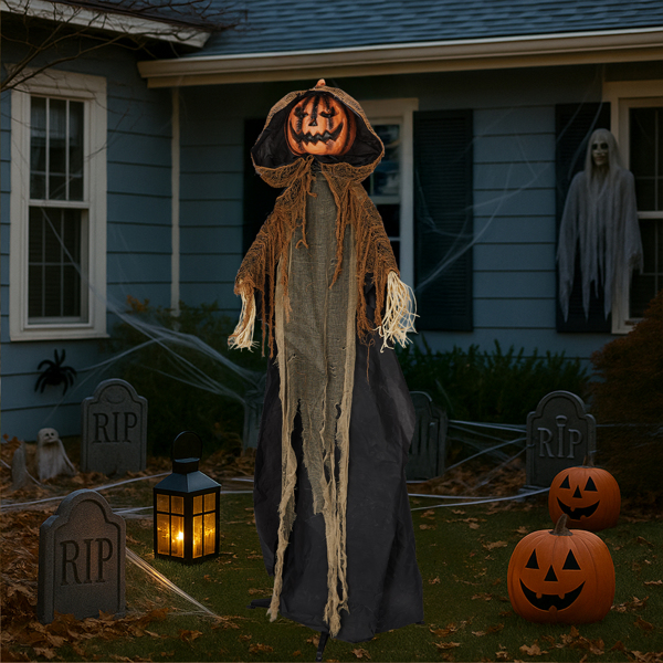 5.8ft  带帽南瓜人 眼睛红灯  头手动 鬼叫声 声控  电池款不含电池 万圣站立装饰-13