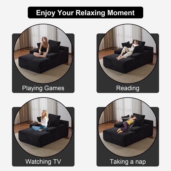 超大躺椅舒适云沙发，现代毛绒灯芯绒软垫沙发床，带 3 个抱枕和宽扶手，适用于客厅，无需组装，黑色-10