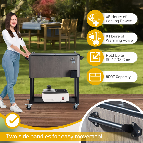 80QT 灰色仿木纹 黑色铁脚管 带排水管 冷冻保温推车 87.5*91*38.5CM 长方形 塑料箱体-5