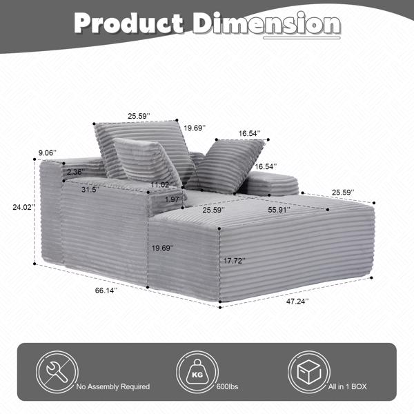 超大躺椅舒适云沙发，现代毛绒灯芯绒软垫沙发床，带 3 个抱枕和宽扶手，适用于客厅，无需组装，灰色-7