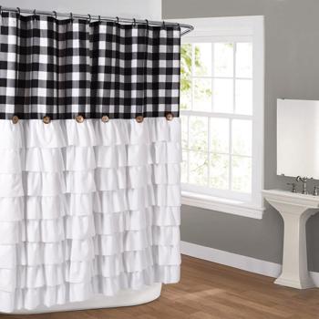 Farmhouse Ruffle Buffalo Check Shower Curtain with Coconut Buttons