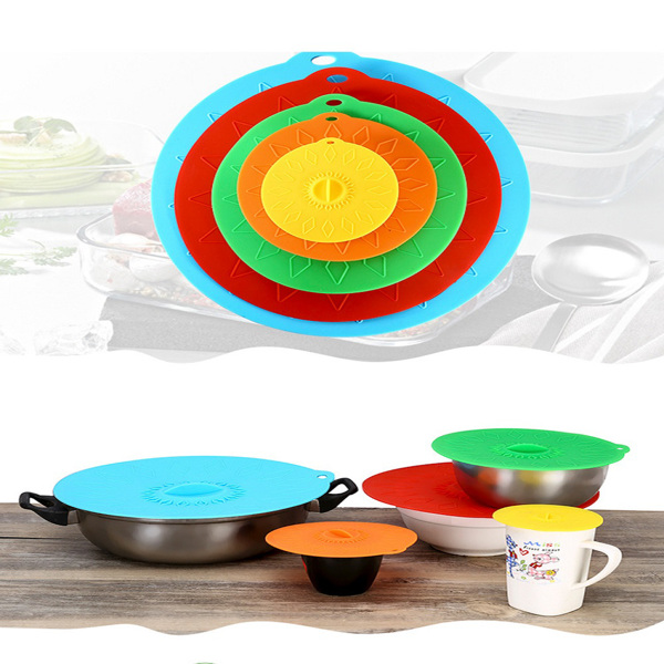 硅胶保鲜盖 食物密封杯盖碗盖锅盖硅胶真空盖 五件套硅胶保鲜盖 一套5个颜色混色-4