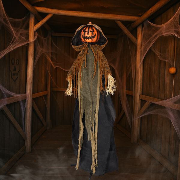 5.8ft  带帽南瓜人 眼睛红灯  头手动 鬼叫声 声控  电池款不含电池 万圣站立装饰-11