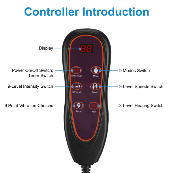 （物流随机发，自提可发加拿大）-振动按摩垫（全身）+颈部揉捏按摩器 - 20个按摩节点，3种按摩模式/速度，9档振动设置，3档腰部热敷，可充气腰枕 - 家庭完美礼物-9
