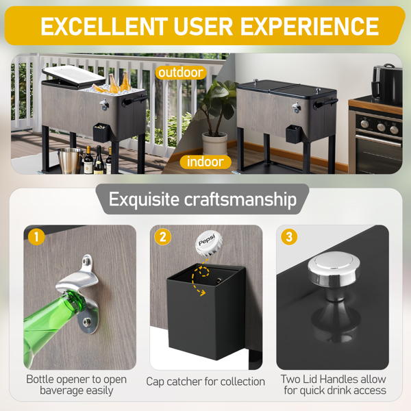 80QT 灰色仿木纹 黑色铁脚管 带排水管 冷冻保温推车 87.5*91*38.5CM 长方形 塑料箱体-3