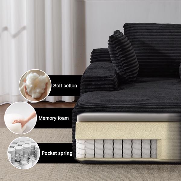 超大躺椅舒适云沙发，现代毛绒灯芯绒软垫沙发床，带 3 个抱枕和宽扶手，适用于客厅，无需组装，黑色-16