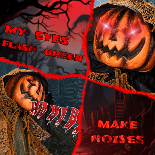 5.8ft  带帽南瓜人 眼睛红灯  头手动 鬼叫声 声控  电池款不含电池 万圣站立装饰-7