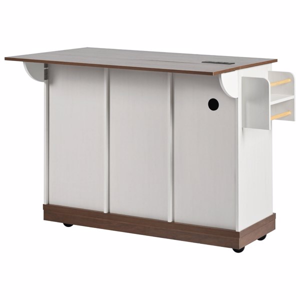 K&K 55.5 英寸农舍厨房岛，带折叠板，厨房储物岛，带谷仓门，电源插座，带香料架的带轮厨房推车，适用于家庭、厨房、餐厅，白色-10