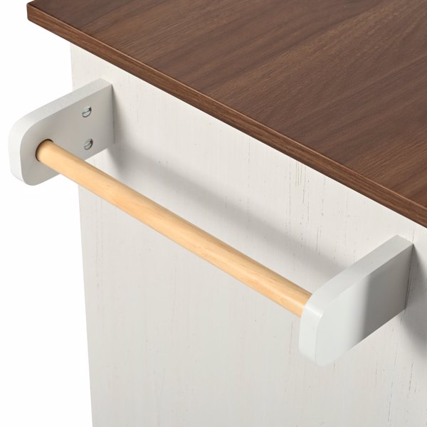 K&K 55.5 英寸农舍厨房岛，带折叠板，厨房储物岛，带谷仓门，电源插座，带香料架的带轮厨房推车，适用于家庭、厨房、餐厅，白色-3